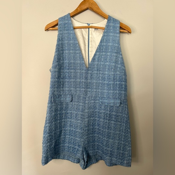 Zara Blue Tweed V-Neck Romper Blogger Favorite - Picture 2 of 8